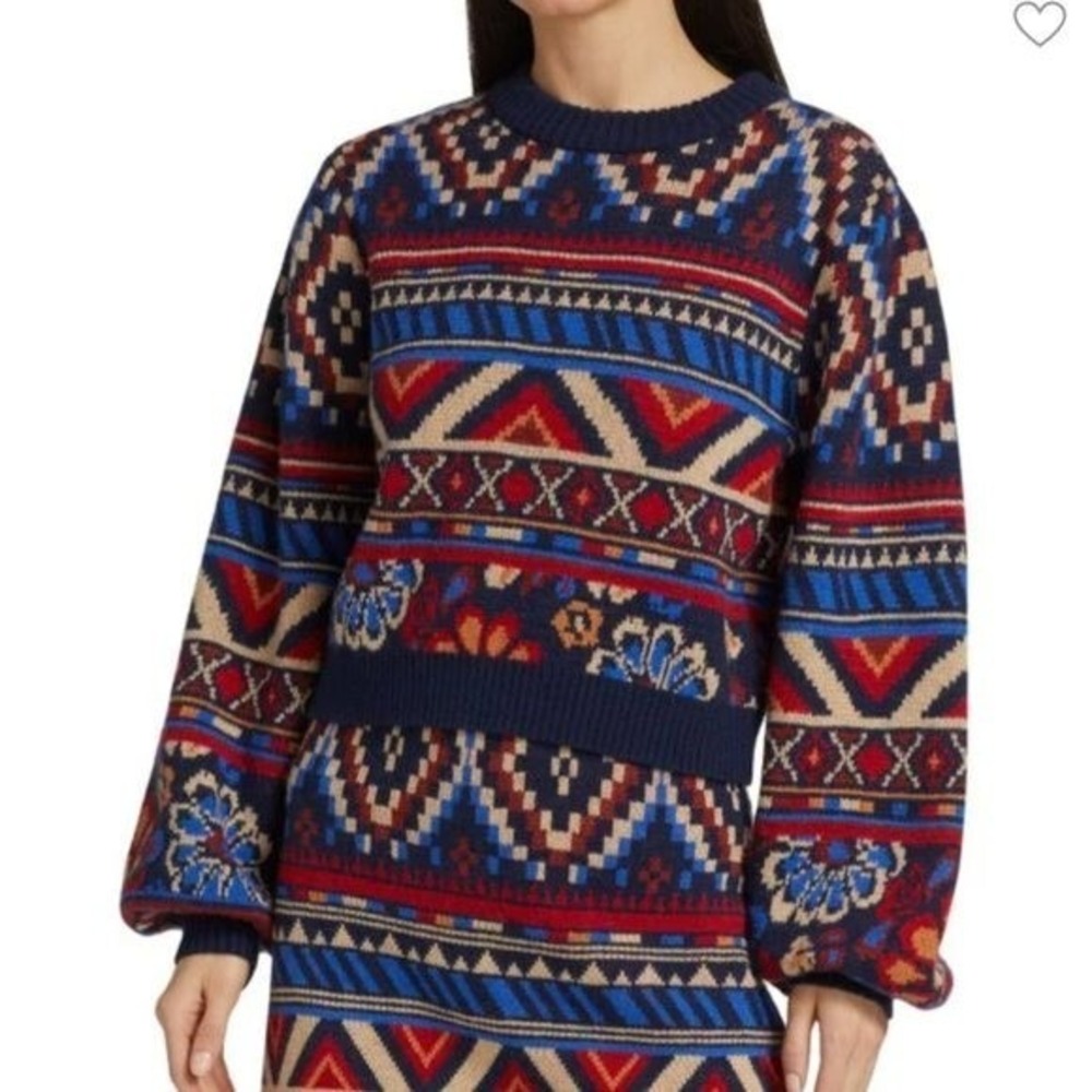 Farm Rio Ainika Tapestry Cropped Balloon Sleeve Sweater Navy Boho NWT XL